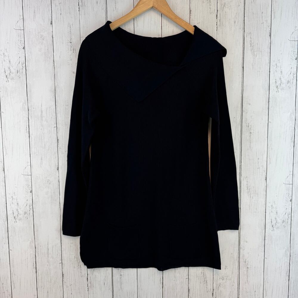 VTG Worth Black Rib-Knit Foldover Collar Long Sleeve Tunic Pockets Size Small